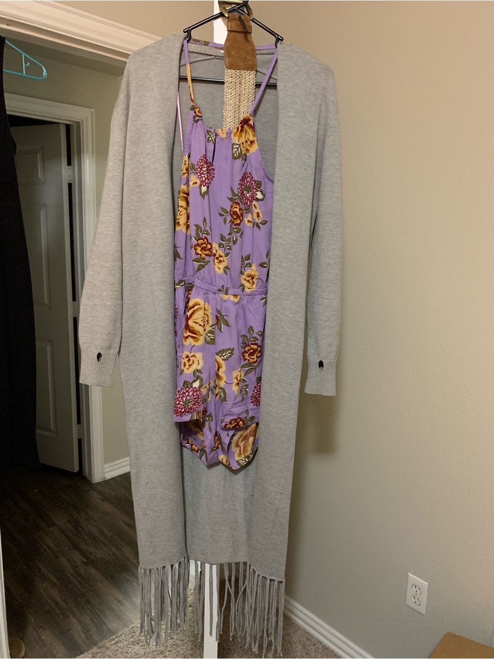 Angie Lilac Floral Romper with Light Gray Fringe Cardigan